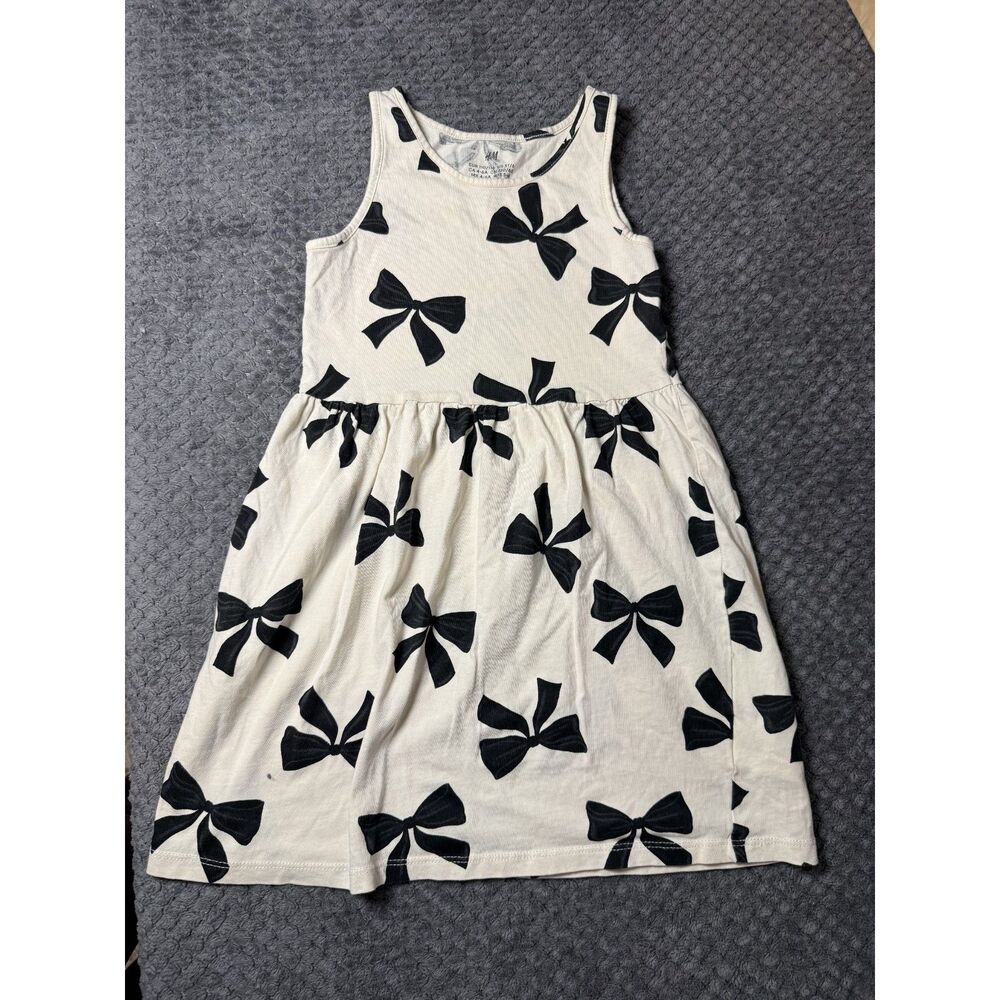 H&M Girls White Black Bow Print Fit & Flare Dress 5T 6